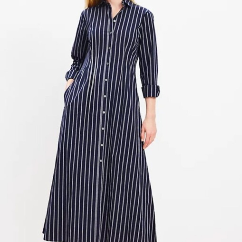 LOFT Long Sleeve Dress in Navy and White Stripes